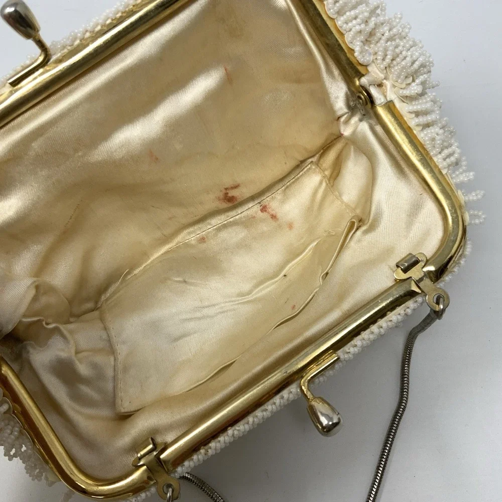 Vintage Beaded Evening Bag Ivory Sequin Gold Satin Interior Wedding Formal 1960s